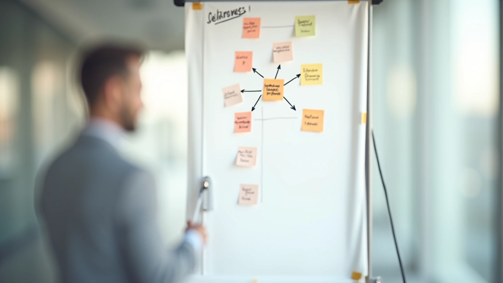 Ekip delegasyon toplantısı, renkli yapışkan notlar ve diyagram ile whiteboard
